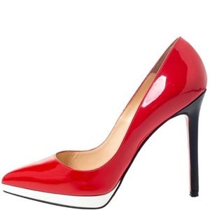 Christian Louboutin Cherry Red/White Patent Leather Platform Pointed Toe Pumps